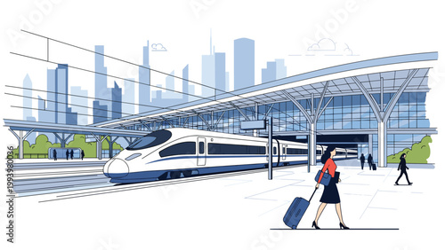 Modern high-speed train arriving at a city railway station with a professional woman carrying a suitcase walking on the platform.