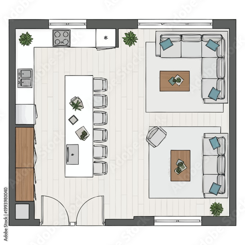 Overhead view of a spacious open plan apartment layout featuring a combined kitchen dining area and a separate living room space with sectional sofas and coffee tables for comfortable