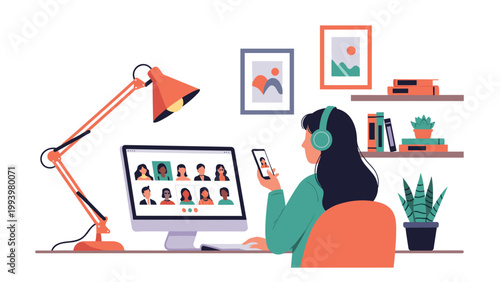 Woman wearing headphones and sitting at her desk while participating in a professional video conference with several colleagues online.