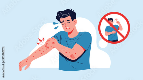 Distressed man scratching his arm with a red skin rash and an icon showing a no-scratching sign as a warning for a medical condition.