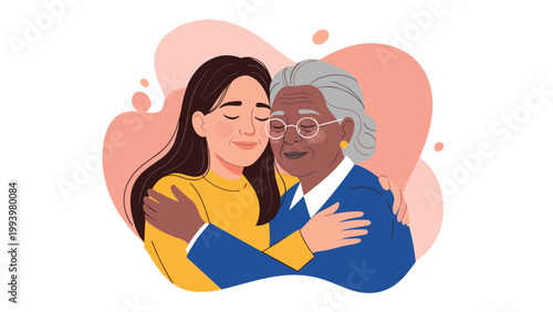 Loving young woman with long dark hair giving a warm hug to her grandmother to show care and affection against a soft background.