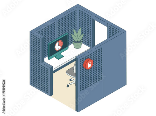 Vector illustration of a flat workspace cubicle promoting neurodiversity awareness with a computer and plants in a quiet office environment.