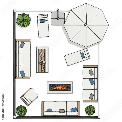 Aerial view of a spacious outdoor living area layout showcasing comfortable seating arrangements a central fireplace and a large umbrella perfect for relaxation and social gatherings on a patio