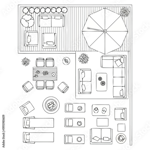 Overhead view of detailed outdoor living space arrangement with lounge seating dining furniture umbrella and potted greenery showcasing patio design and exterior furnishing concepts for home