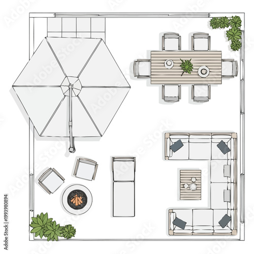Birdseye perspective of a spacious outdoor patio area showcasing a luxurious lounge setting with sectional seating surrounding a coffee table and a separate dining arrangement including a large