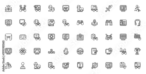 Game Development icon set. Vector illustration pack featuring winner, controller, sword, VR, coding, keyboard, joystick, casino, testing, 3D modeling and more. Editable stroke.
