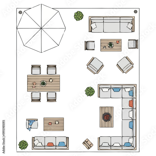 Aerial view top down perspective of a furnished outdoor patio area showcasing furniture arrangement including seating dining umbrella and green plants for architectural design and landscape