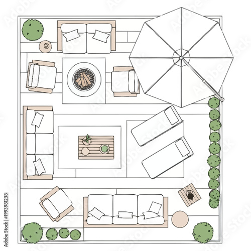 Overhead perspective of a furnished patio area design layout featuring seating arrangements a fire pit lounge chairs an umbrella and surrounding vegetation for outdoor living space planning and