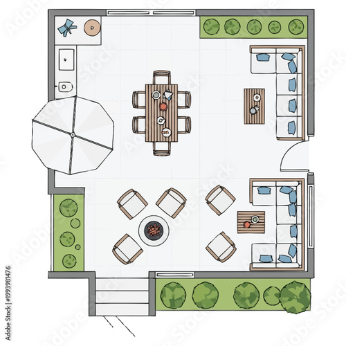 Aerial view of a spacious outdoor living area layout featuring a dining set comfortable lounge seating with coffee tables a fire pit perfect for gatherings and landscaping elements for a