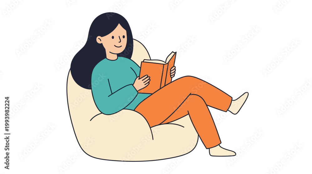 Obraz premium Woman reads book sitting comfortably in beanbag chair leisure activity illustration