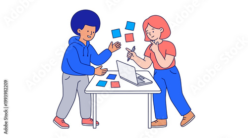 Two individuals collaborating around a table with laptop and sticky notes vector illustration