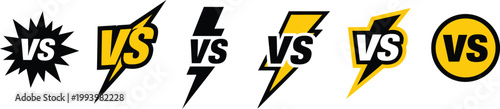 Versus icons with lightning bolt, dynamic VS symbol pack for game battle, competition match, sports duel and esports, energy clash concept, fighting and rivalry symbols, modern vector design