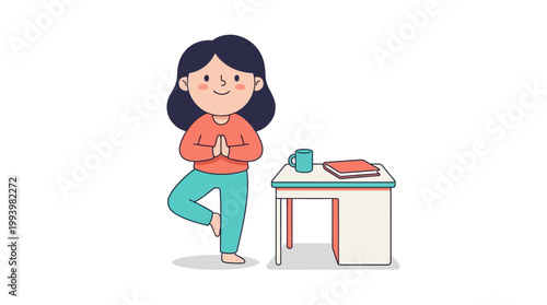 Woman practicing yoga balanced pose near desk vector illustration isolated