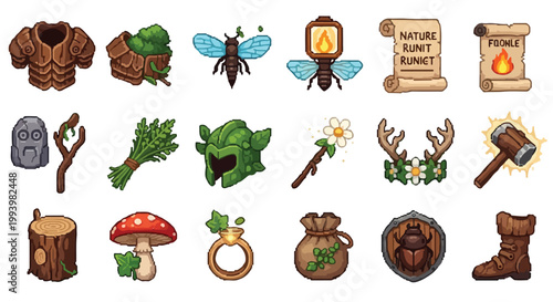A diverse collection of nature-themed fantasy RPG icons featuring wooden armor, herbal ingredients, magical artifacts, and druidic equipment.