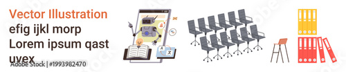 Education, office setup, organization, workspace efficiency, seminars, training sessions. Visual of a laptop, documents chairs and filing systems. Education and office organization concept