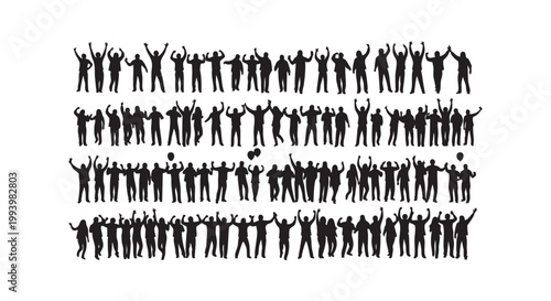Crowd cheering with raised hands, celebratory gathering, vector illustration.