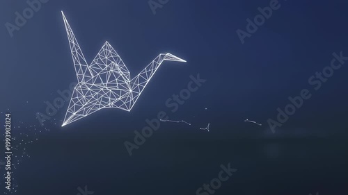 polygonal origami bird in a glowing wireframe style, soaring through a stardust-filled constellation sky with abstract elegance