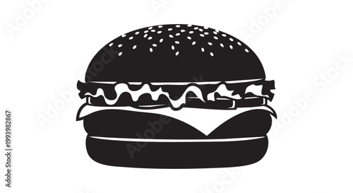 Detailed silhouette of a hamburger with sesame seed bun, layered ingredients, fast food icon.