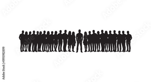 Diverse group of people standing together, crowd silhouette in black and white, community teamwork unity.