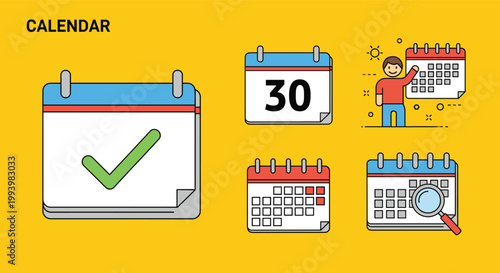 Diverse calendar icons on a yellow background featuring a check mark, specific date, person planning, and research.