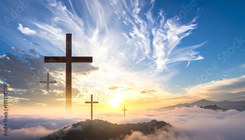 A serene landscape with three crosses on a hill above clouds