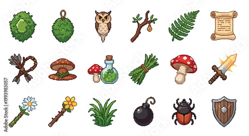 A collection of eighteen pixel art icons featuring nature, fantasy items, and equipment like mushrooms, a sword, a beetle, and magic potions.