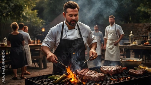 Professional Chef Grilling Steak Over Open Flame Outdoor Barbecue Gourmet Cooking Scene