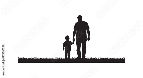Father and son walking together hand in hand on a grassy field silhouette representing family bond and childhood growth.