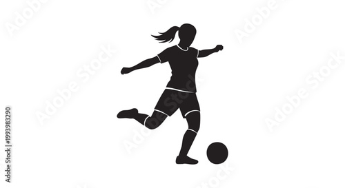Female soccer player kicking ball in silhouette, dynamic action pose, athletic woman in sportswear.