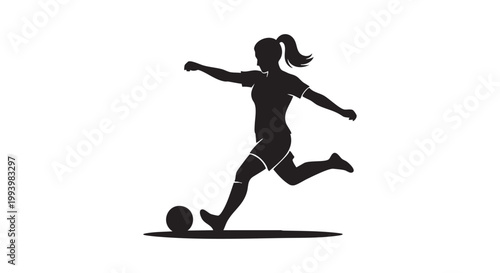 Female soccer player silhouette kicking ball on field for sports competition and athletic team championship promotion.
