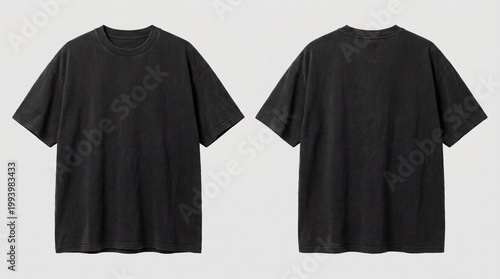 Front and Back View of Blank Black Oversized Acid Wash T-Shirt Mockup, Heavyweight Cotton Faded Tee for Streetwear Branding
