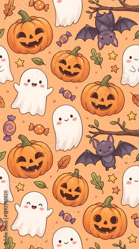 Happy Halloween: Festive pumpkins, friendly ghosts, adorable bats, and candy treats on a vibrant orange background