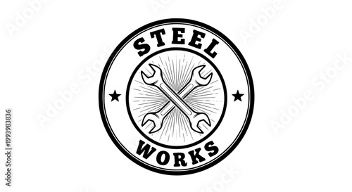 Vintage Circular Emblem with Crossed Wrenches and "Steel Works" Text - Industrial Retro Logo