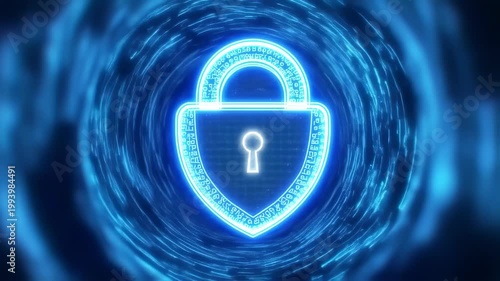futuristic cybersecurity videos showcasing encryption and digital protection, emphasizing glowing shields, padlocks, and firewalls in a high-tech abstract style. secure the digital frontier