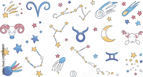 Zodiac astrology symbols vector set with constellations stars comets moon horoscope signs mystical celestial elements collection isolated illustration