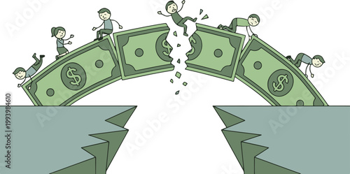 People Crossing a Breaking Money Bridge Illustrating Financial Instability Crisis