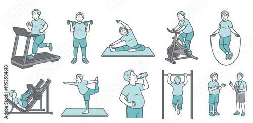 様々な運動をするぽっちゃりシニア男性の10点セットイラスト（笑顔）