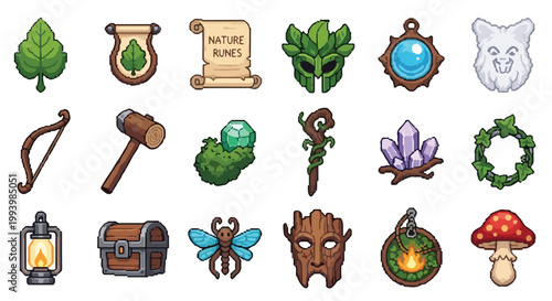 This vector illustration features a collection of eighteen nature-themed fantasy icons, including magical items, weapons, and forest elements.