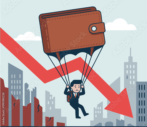 Sad Businessman with Wallet Parachute Descending over City Economic Decline