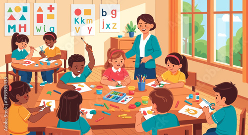 Teacher and children in classroom setting.