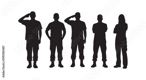 Five dark silhouettes of male and female military personnel standing and saluting in various poses.