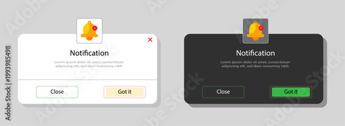 Light and dark mode notification popup windows for mobile app interface design. Notification bell icons and action buttons for modern user experience design and software interface.