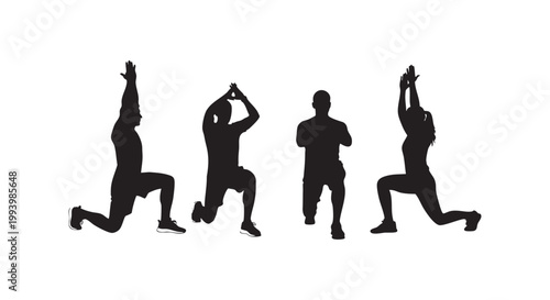Four fitness athletes performing lunge exercises in different directions for strength training and healthy body workout.