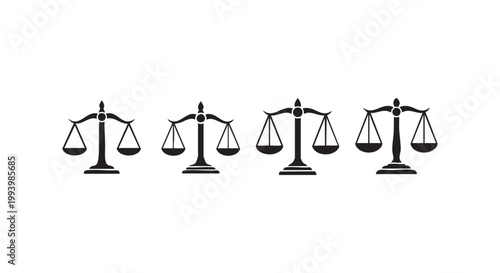 Four stylized scales of justice icons on white background for legal concept.