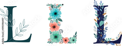 Floral Letter L Illustration Set Featuring Decorative Botanical Typography with Leaves and Flowers for Monogram, Branding, Wedding Design, and Elegant Alphabet Art
