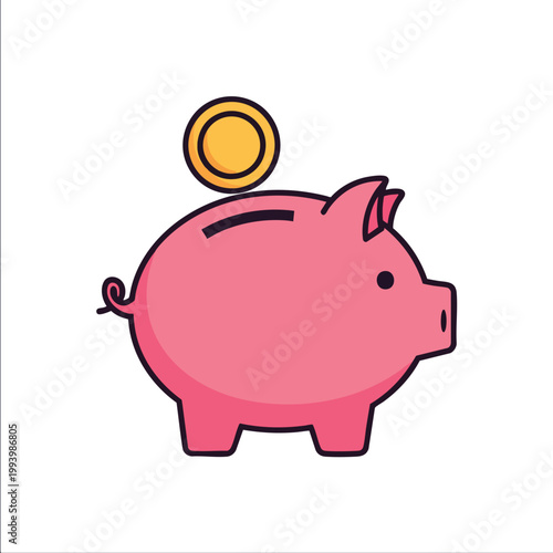 Pink piggy bank with a gold coin inserted on white background.