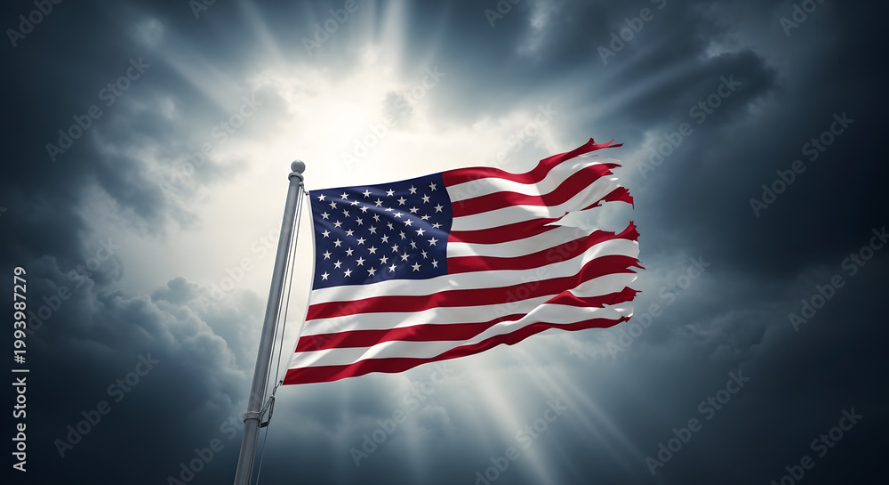 Fototapeta premium Resilient national banner illuminated by sunbeams through dark clouds, symbolizing hope and endurance 