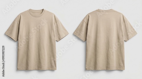 Beige Oversized T-Shirt Mockup with Front and Back View, Blank Tan Cotton Tee Template for Clothing Design on White Background