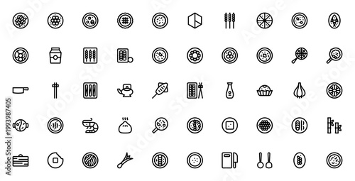 Chinese food icon set. Vector illustration includes symbols for dim sum, noodles, tofu, dumpling, spring rolls, wok, chopstick and more. Editable stroke.