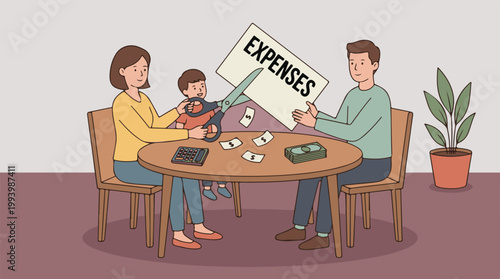 Family Cutting Expenses to Manage Household Finances Illustration